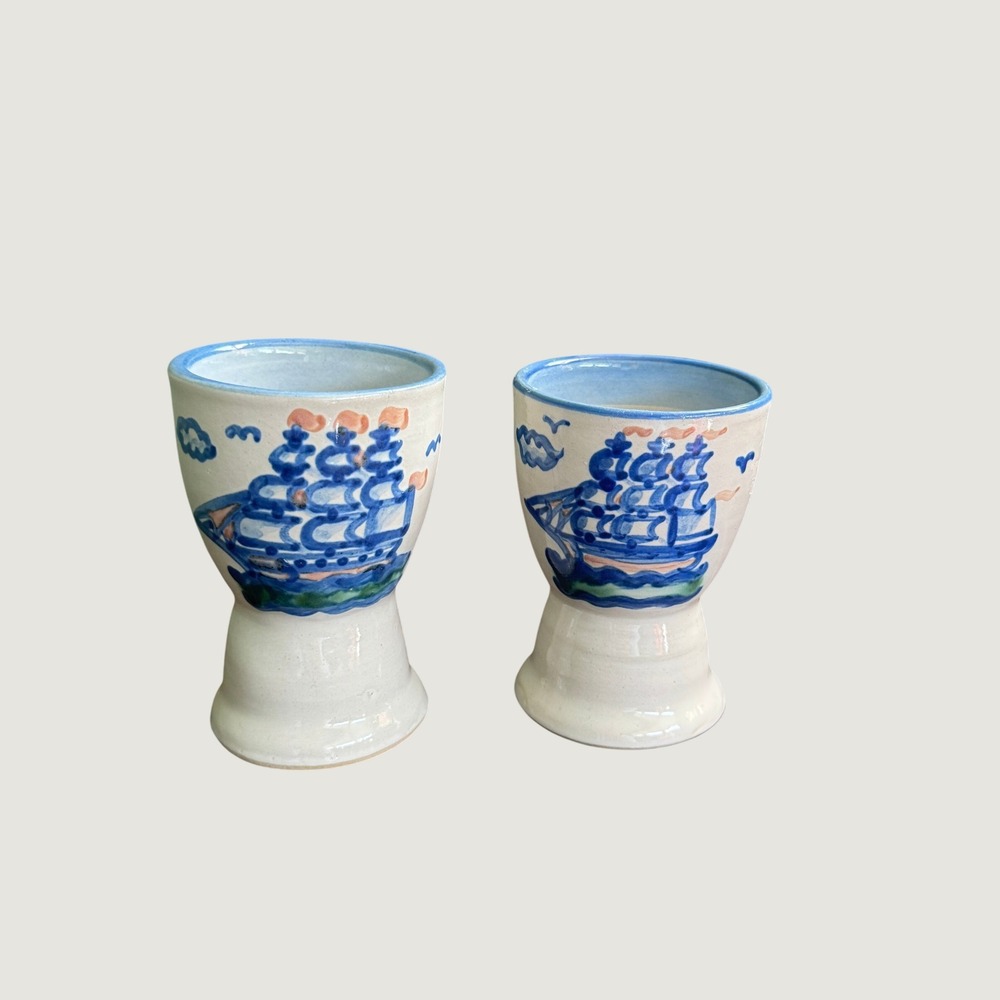 Pair of MA Hadley Pottery Sailing Mast Ship Egg Cups Low Tide Stoneware